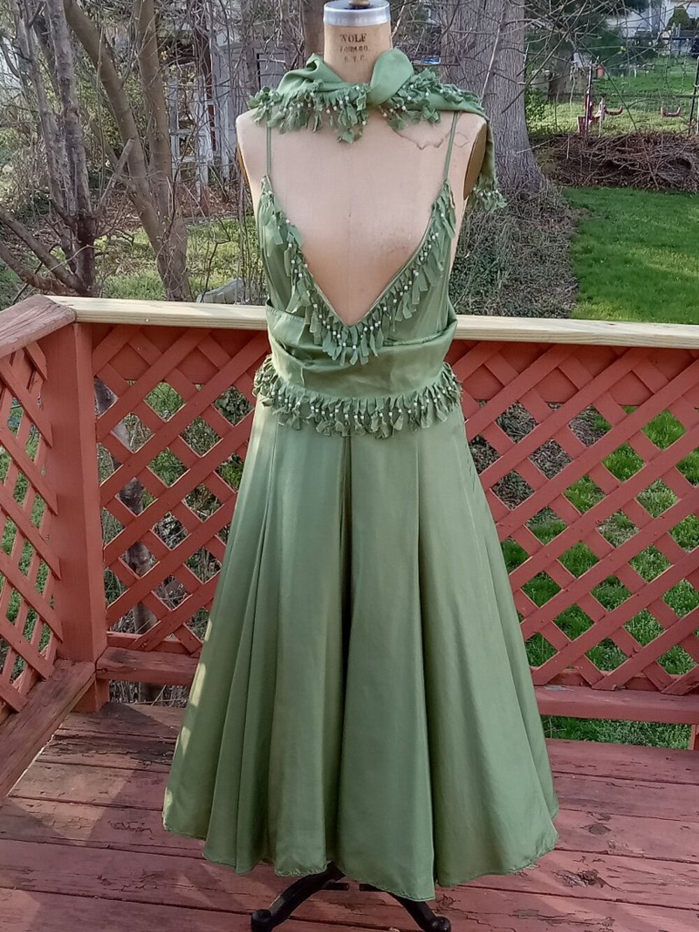 RARE size 10 SEE by CHLOE Silk Green Dress with Beaded Fringe Trim & Scarf
